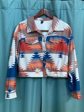 Aztec Print Cropped Button-Up Jacket - Blue, Orange, White